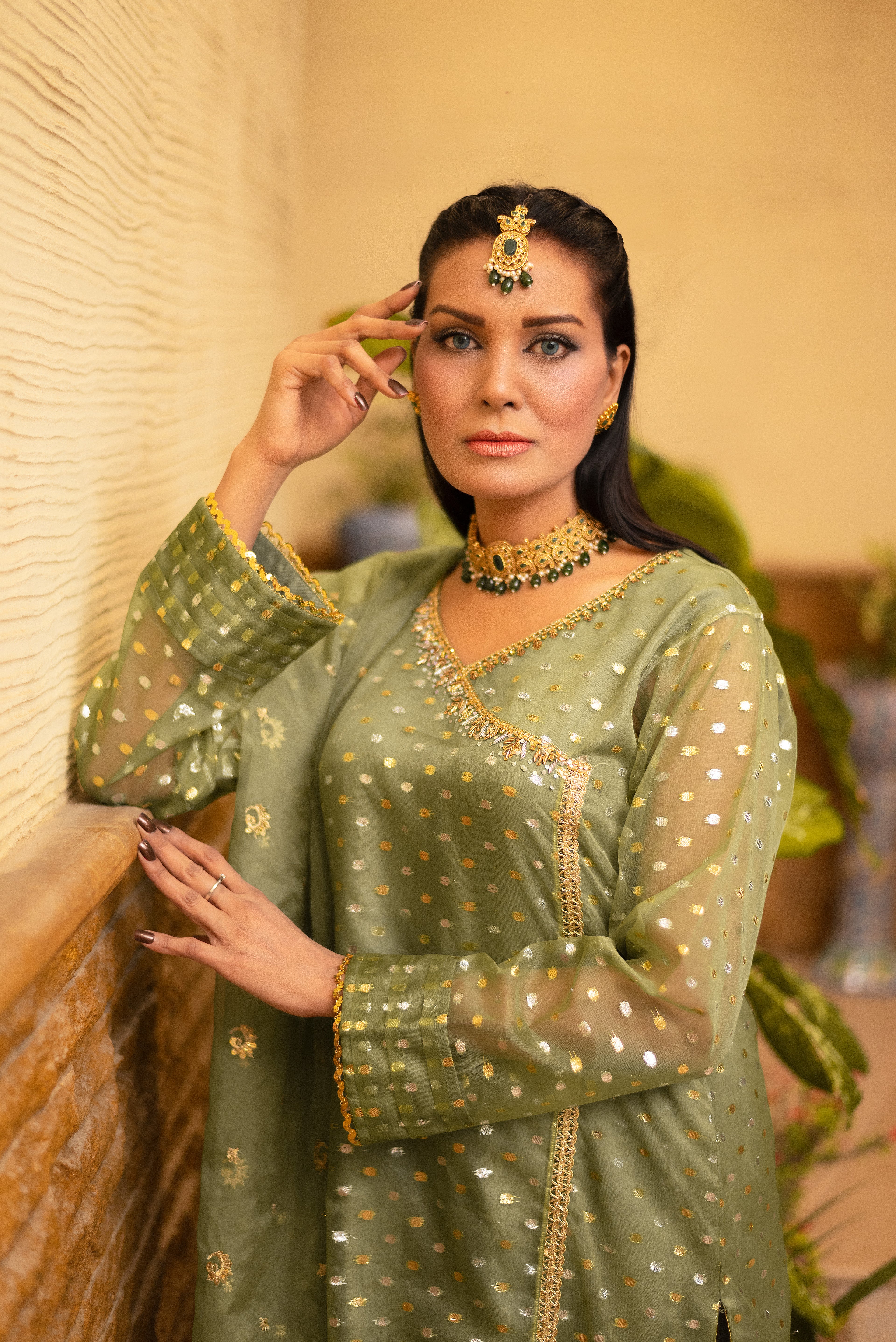 Green Self Organza 3 Pc