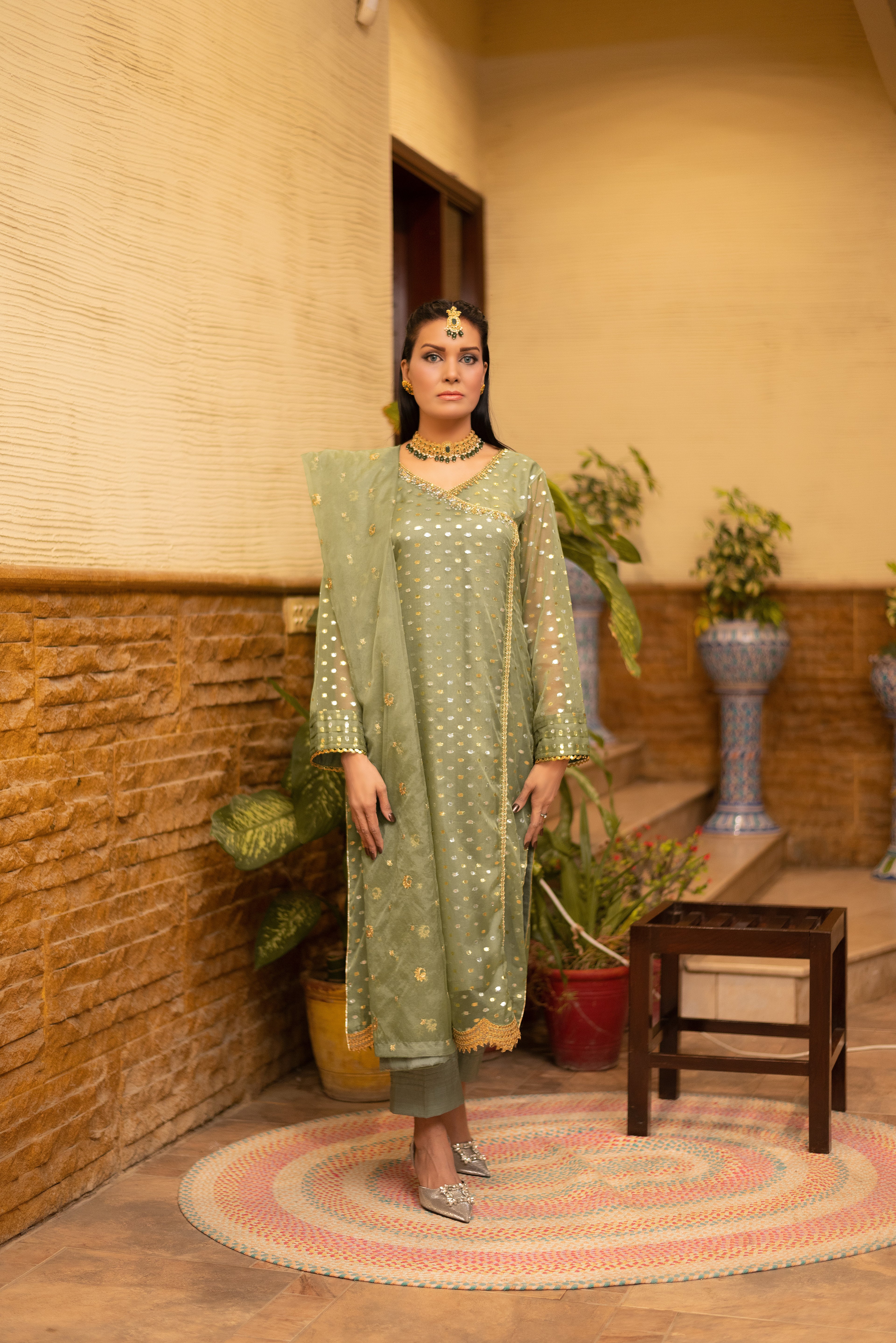 Green Self Organza 3 Pc