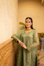 Green Self Organza 3 Pc