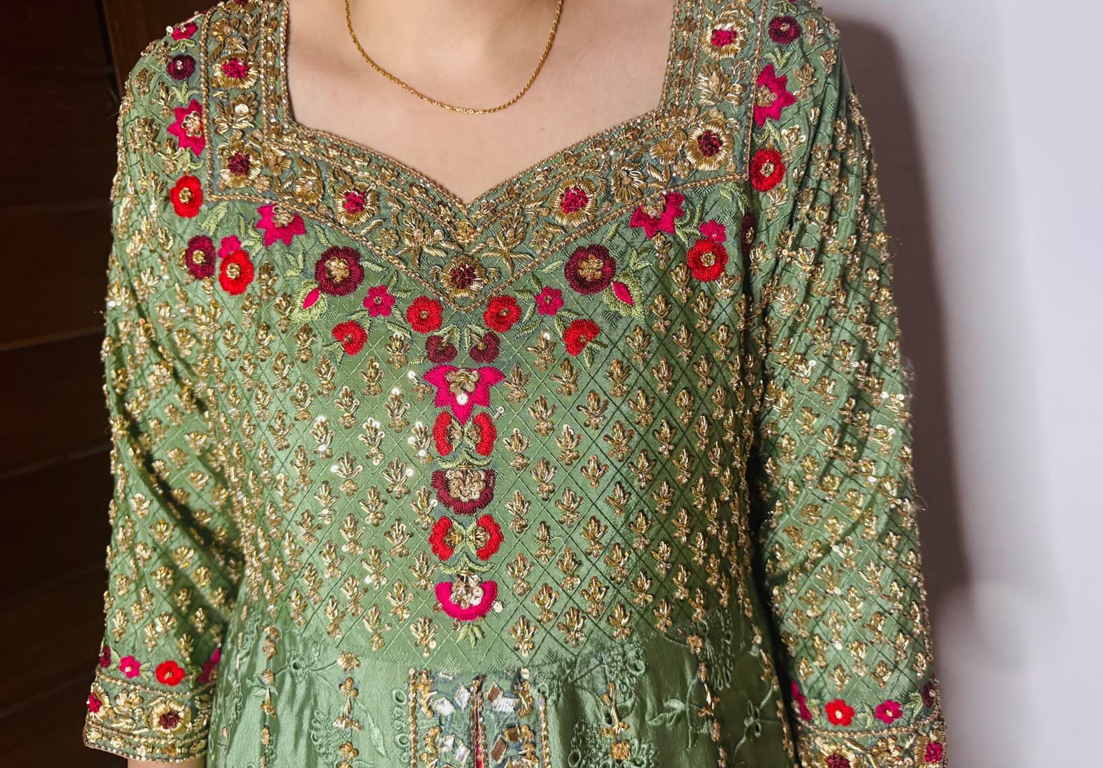ANOOR sage green peshwas closeup