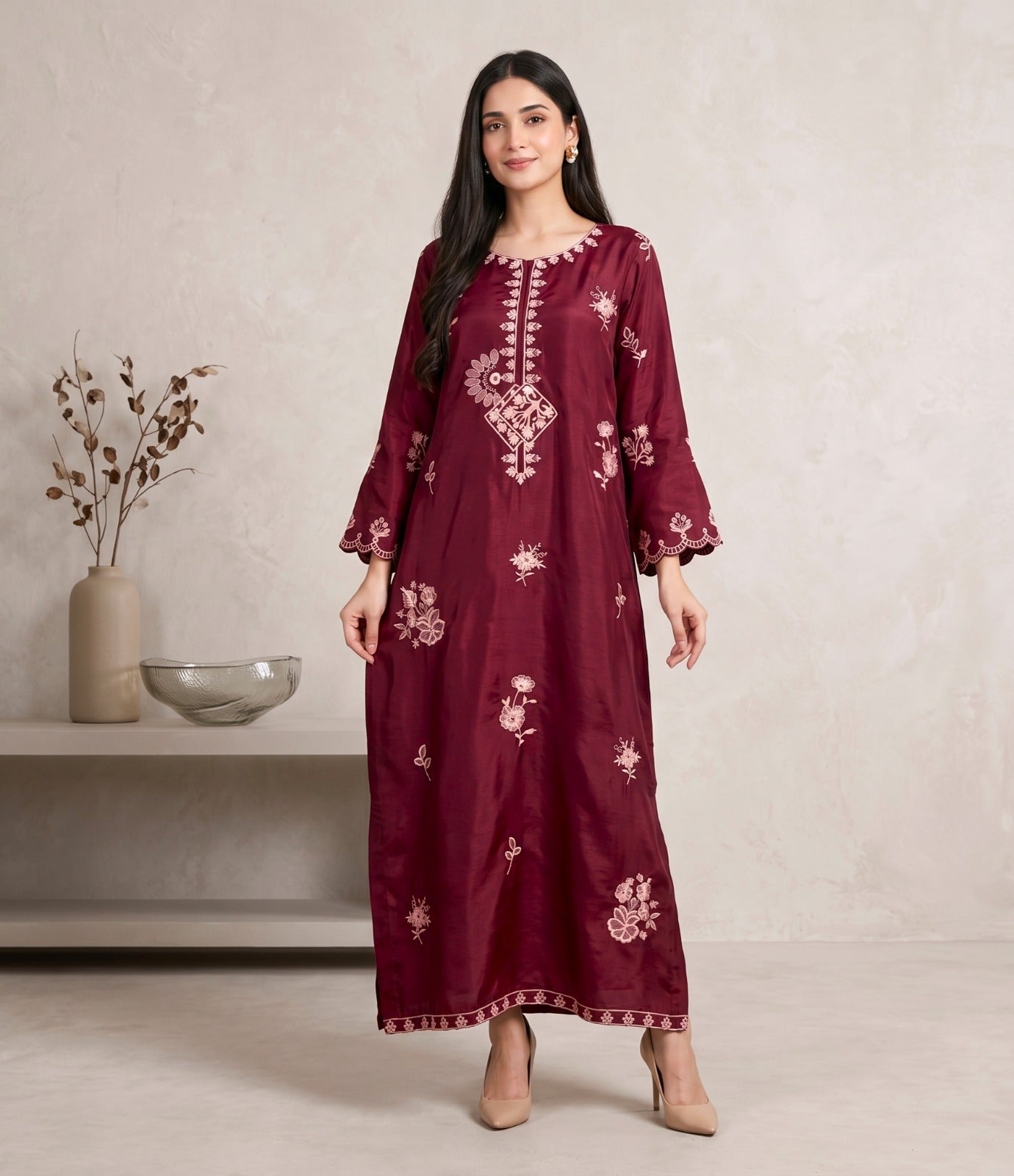 Wine Red Emb. Kaftan