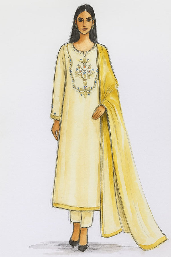 Lux-Pret-Yellow emb. with block print dupatta
