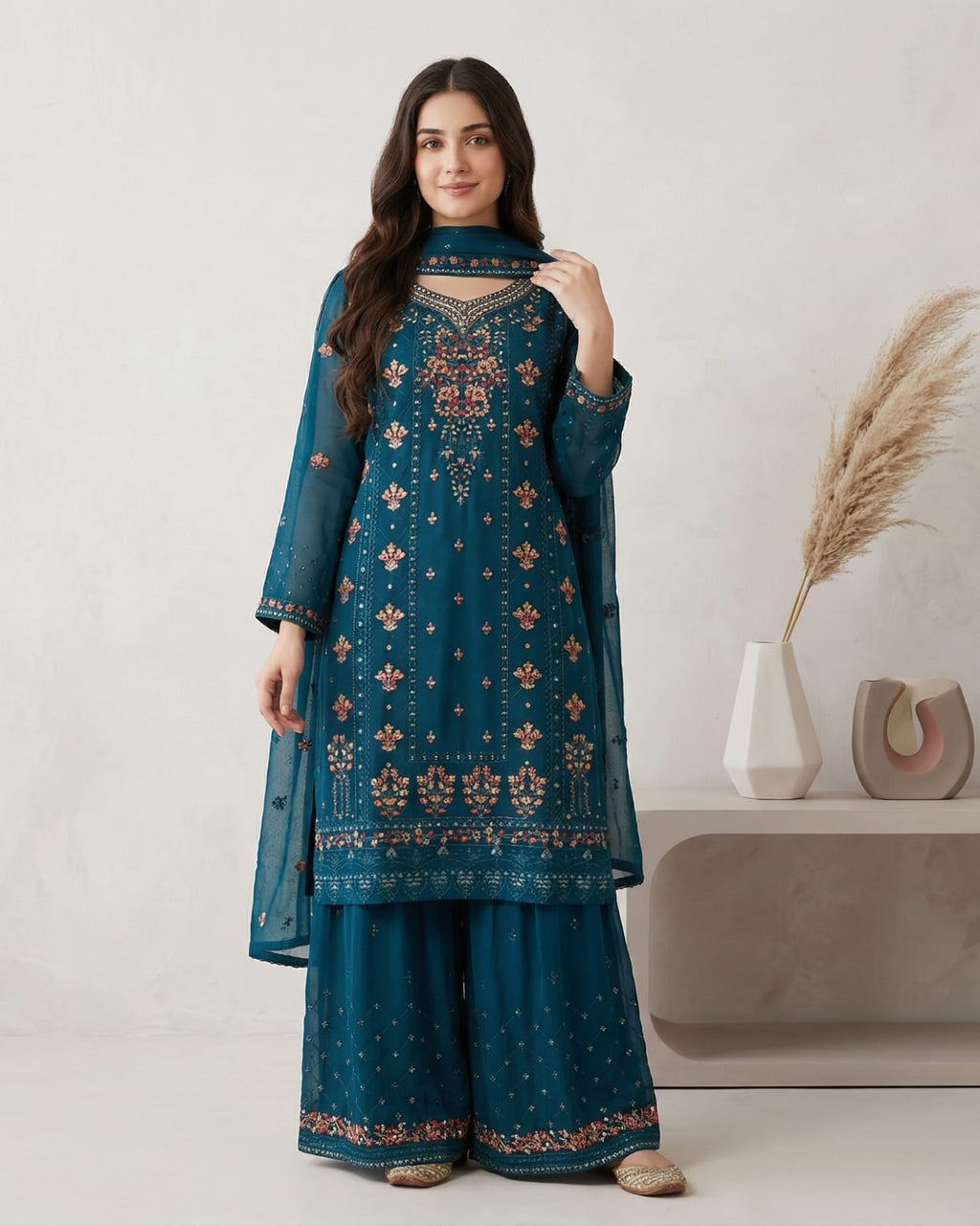 Lux-Pret-teal blue chiffon gharara