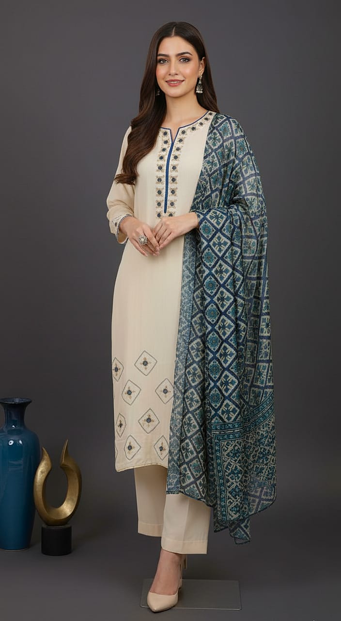 Lux-JPret-emb. Ivory with blue dupatta
