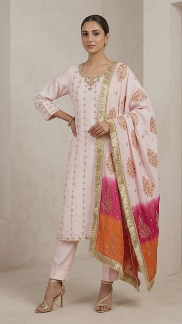 FO-Powder Pink with block print dupatta