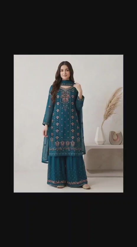 Lux-Pret-teal blue chiffon gharara